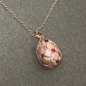 Elegant Rose Gold Egg Pendant Necklace with Multicolor Gems